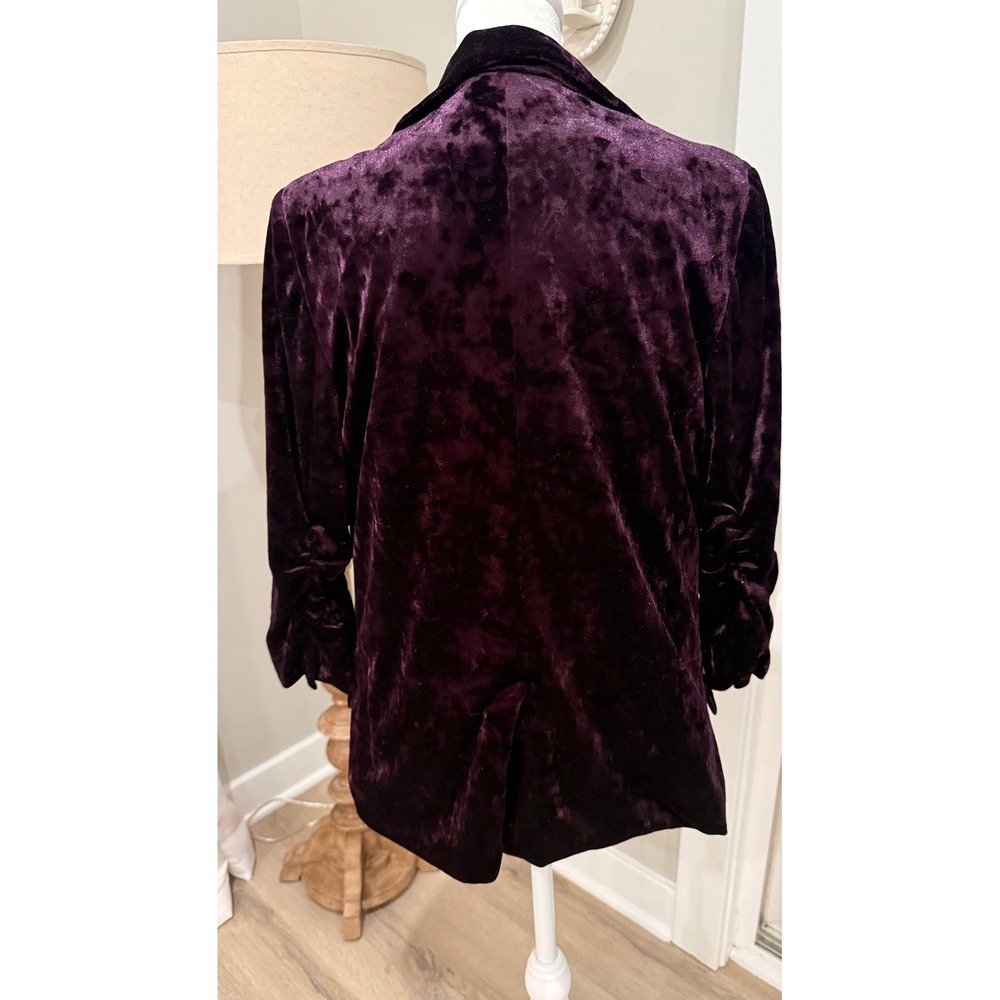 Skies Are Blue Purple Crushed Velvet Ruched Sleeve Open Front Blazer XS